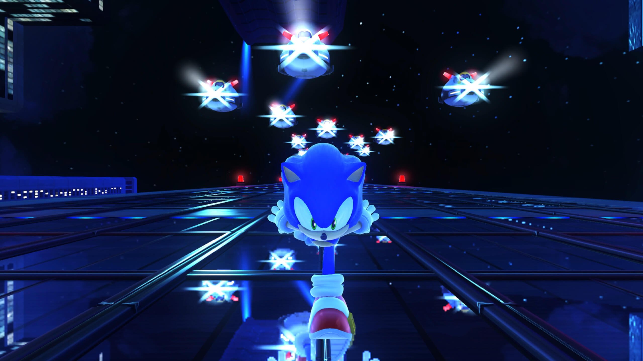 Sonic sprinting away from a group of robots in Sega's Sonic x Shadow Generations