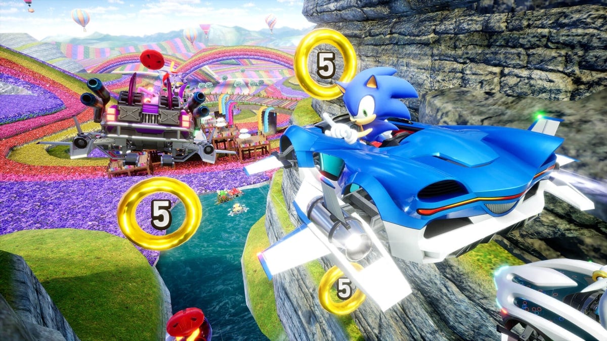 Sonic soaring through the air in Sega's upcoming Sonic Racing: CrossWorlds
